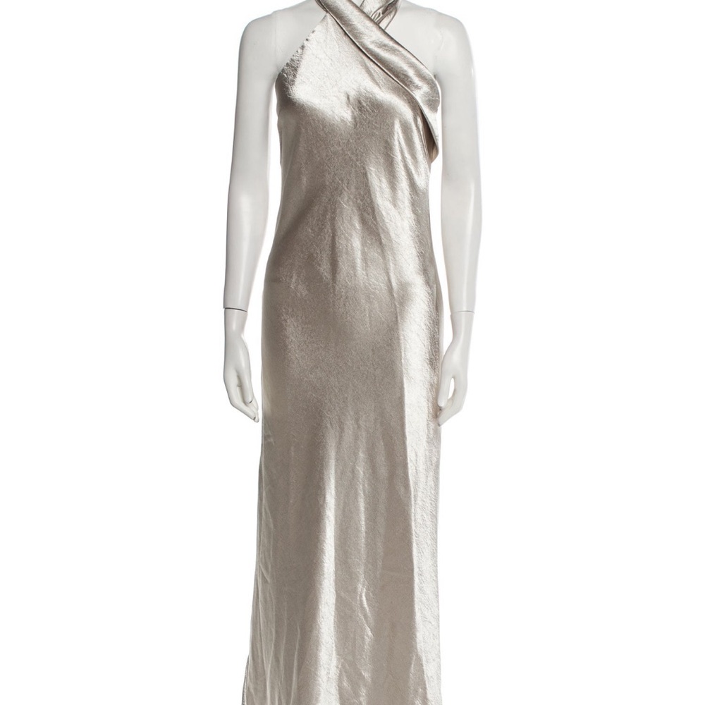 Galvan London Metallic Halter neck Asymmetrical One Shoulder Gown